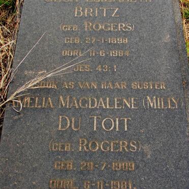 BRITZ Olga Elizabeth nee ROGERS 1898-1984 :: DU TOIT Amelia Magdalene geb ROGERS 1909-1981