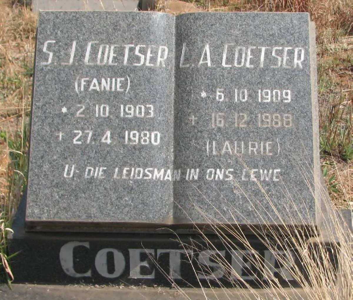 COETSER S.J. 1903-1980 &amp; L.A. 1909-1988