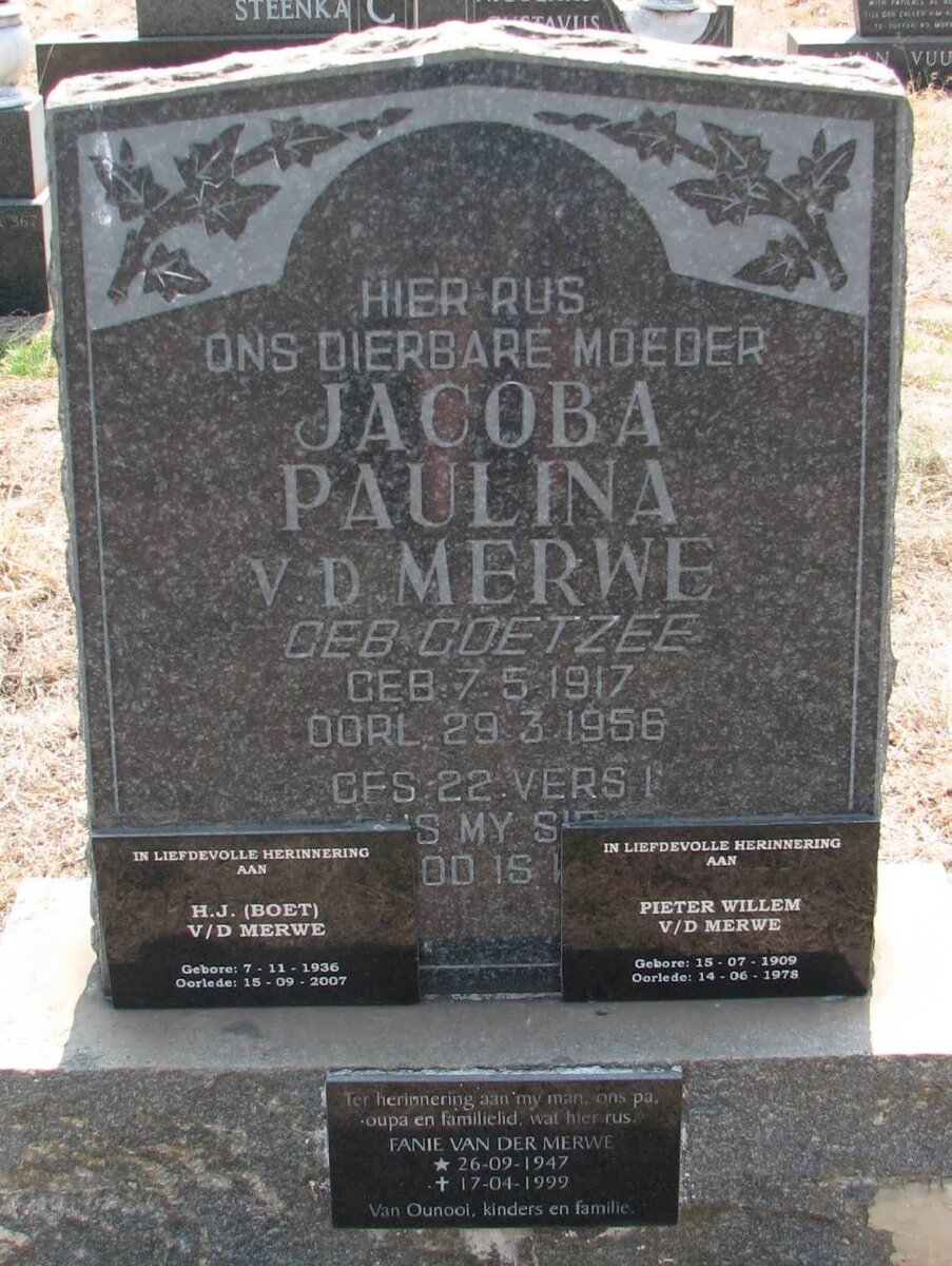 MERWE Pieter Willem, v.d. 1909-1978 :: V.D. MERWE Jacoba Paulina nee COETZEE 1917-1956