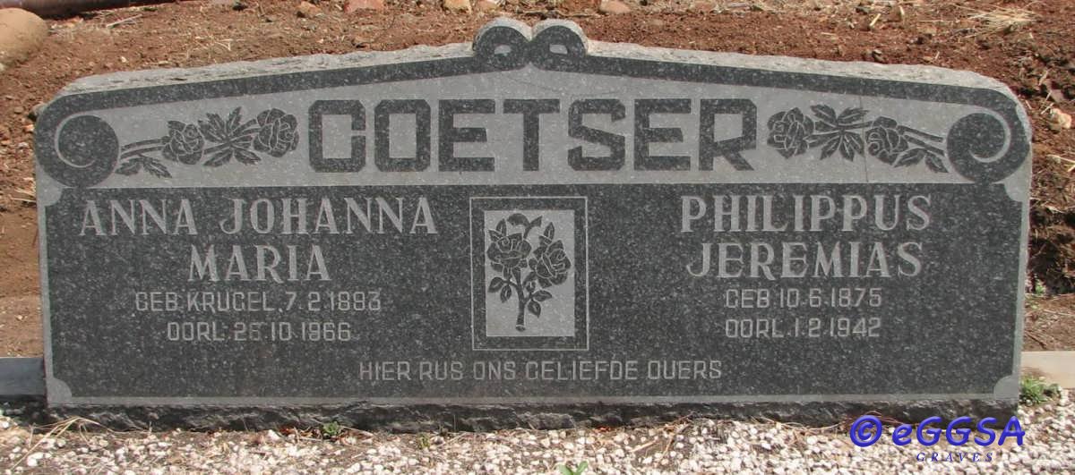 COETSER Philippus Jeremias 1875-1942 &amp; Anna Johanna Maria KRUGER 1883-1966