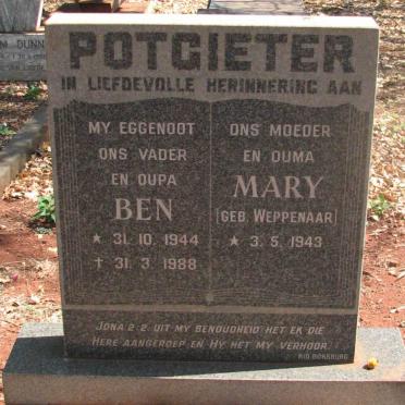 POTGIETER Ben 1944-1988 &amp; Mary WEPPENAAR 1943-
