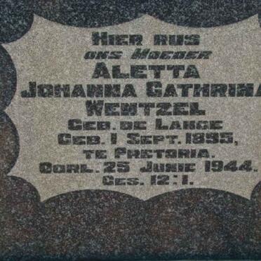 WENTZEL Aletta Johanna Cathrina nee DE LANGE 1895-1944