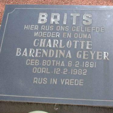 BRITS Charlotte Barendina Geyer nee BOTHA 1891-1982