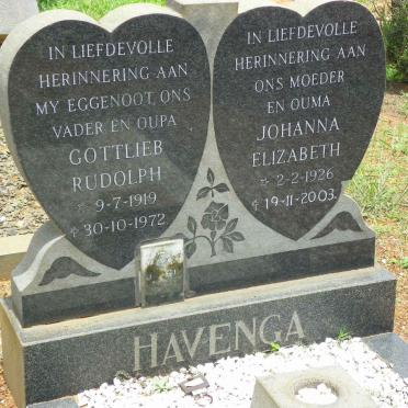 HAVENGA Gottlieb Rudolph 1919-1972 &amp; Johanna Elizabeth 1926-2003