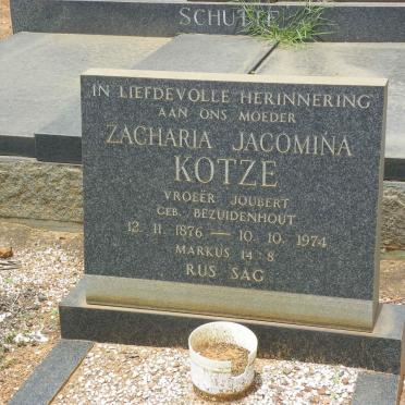 KOTZE Zacharia Jacomina formerly JOUBERT nee BEZUIDENHOUT 1876-1974