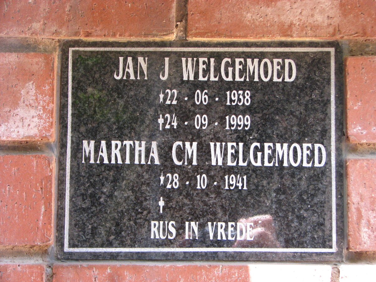 WELGEMOED Jan J. 1938-1999 &amp; Martha C.M. -1941