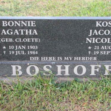 BOSHOFF Kosie Jacobus Nicolaas 1908-1993 &amp; Bonnie Agatha CLOETE 1903-1984