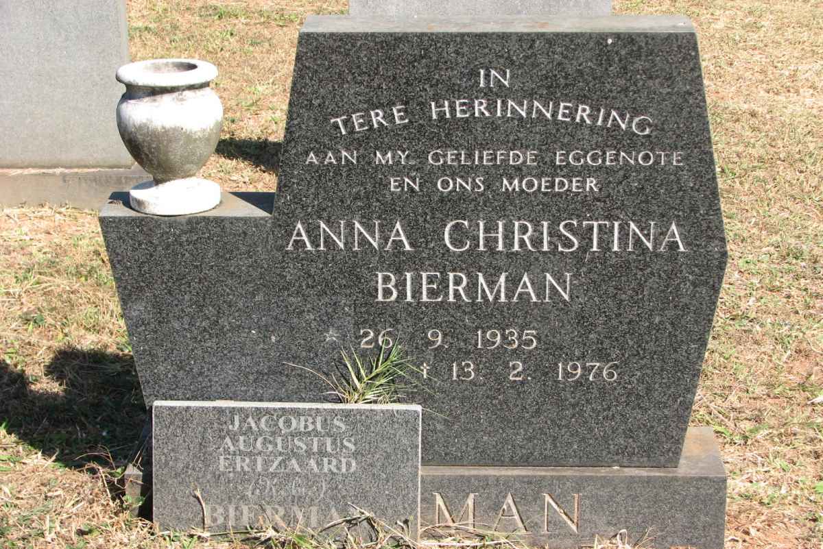 BIERMAN Jacobus Augustus Ertzaard ?-? &amp; Anna Christina 1935-1976