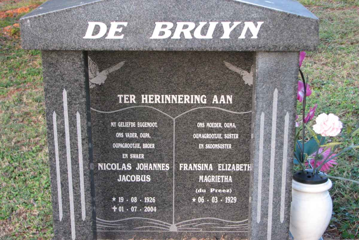 BRUYN Nicolas Johannes Jacobus, de 1926-2004 &amp; Fransina Elizabeth Magrietha DU PREEZ 1929-
