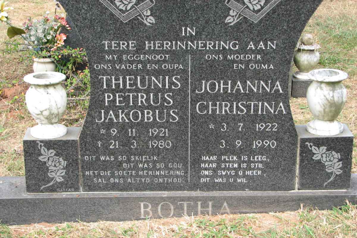 BOTHA Theunis Petrus Jakobus 1921-1980 &amp; Johanna Christina 1922-1990