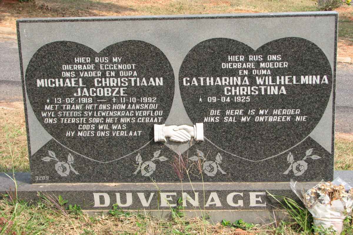 DUVENAGE Michael Christiaan Jacobze 1918-1992 &amp; Chatharina Wilhelmina Christina 1925-