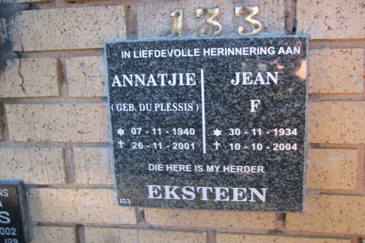 EKSTEEN Jean F. 1934-2004 &amp; Annatjie DU PLESSIS 1940-2001