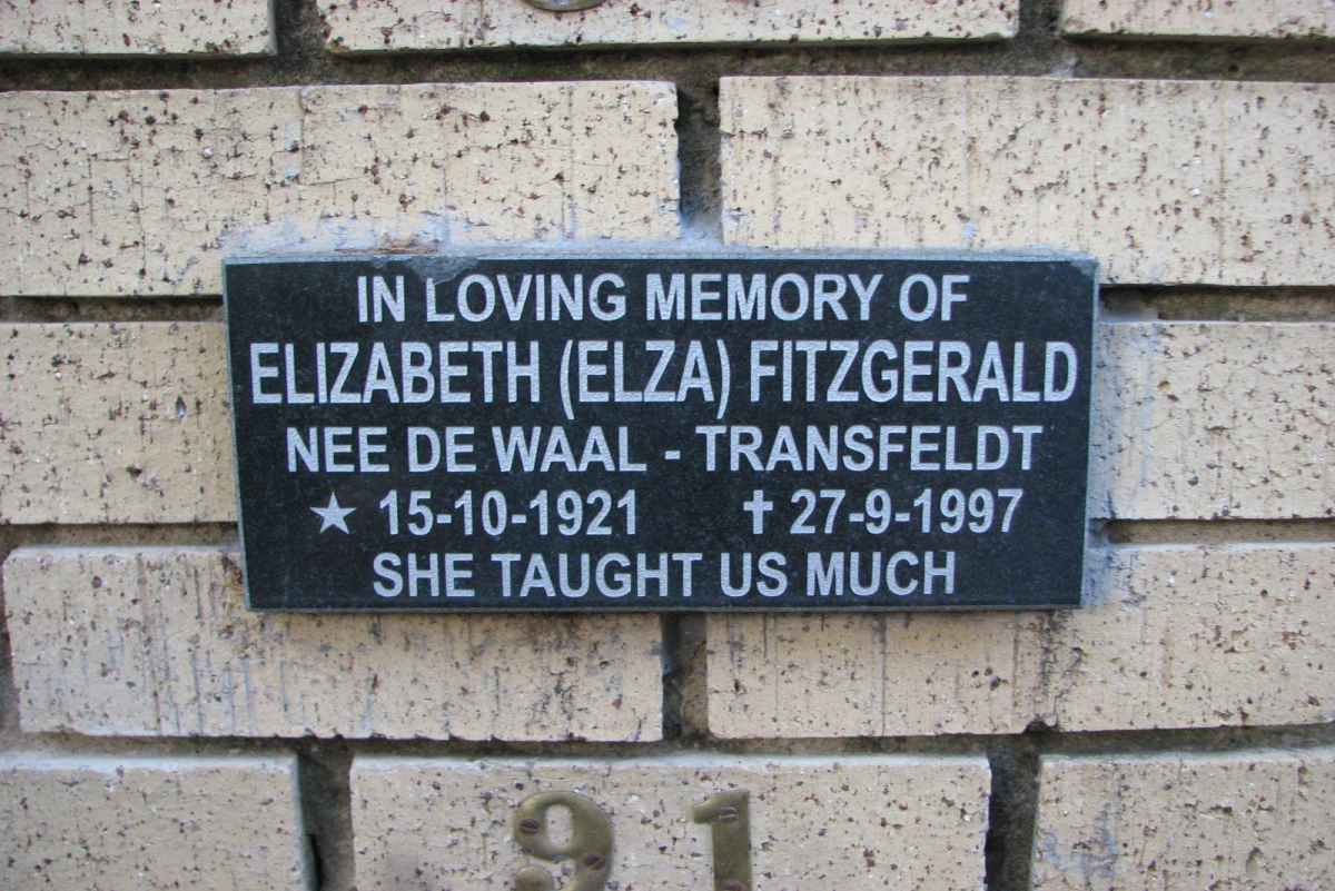 FITZGERALD Elizabeth nee DE WAAL-TRANSFELDT 1921-1997