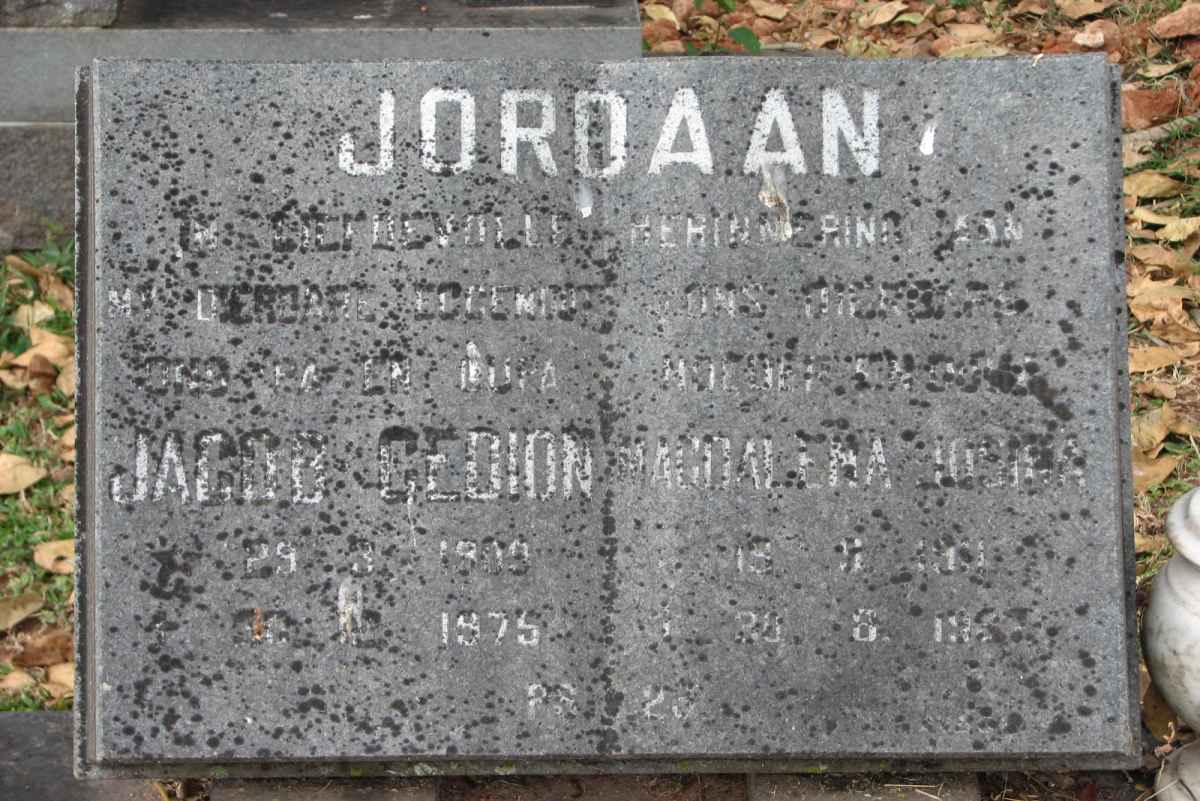 JORDAAN Jacob Gedion 1909-1975 &amp; Magdalena Josina 19?-19?