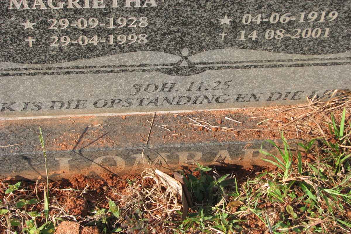 LOMBARD Antonie Christoffel 1919-2001 &amp; Susara Jacoba Magrietha 1928-1998