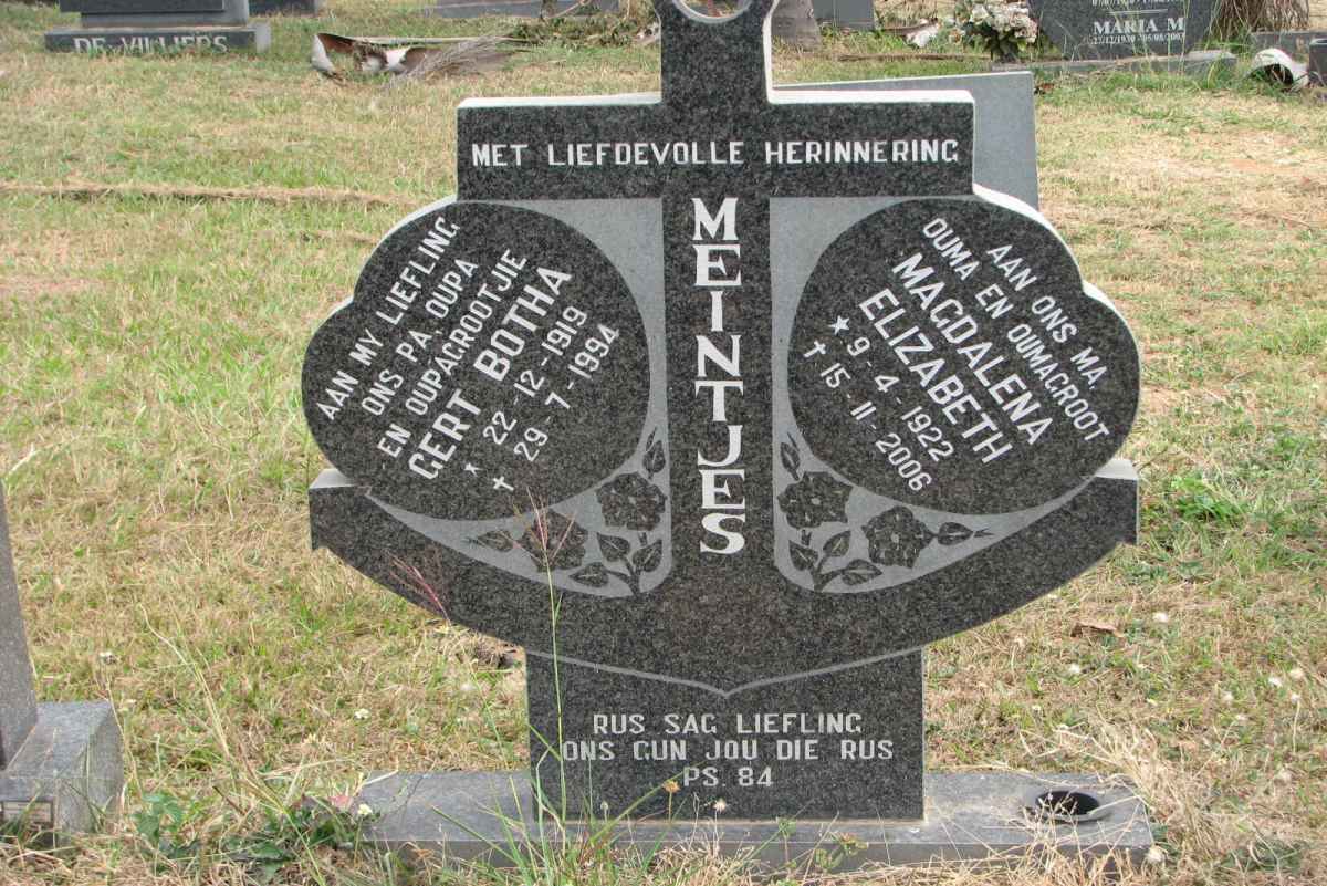 MEINTJES Gert Botha 1919-1994 &amp; Magdalena Elizabeth 1922-2006