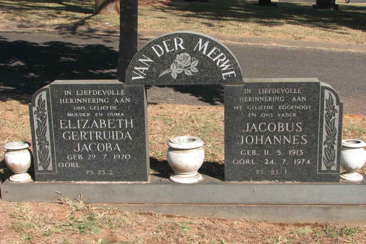 MERWE Jacobus Johannes, van der 1913-1974 &amp; Elizabeth Gertruida Jacoba 1920-