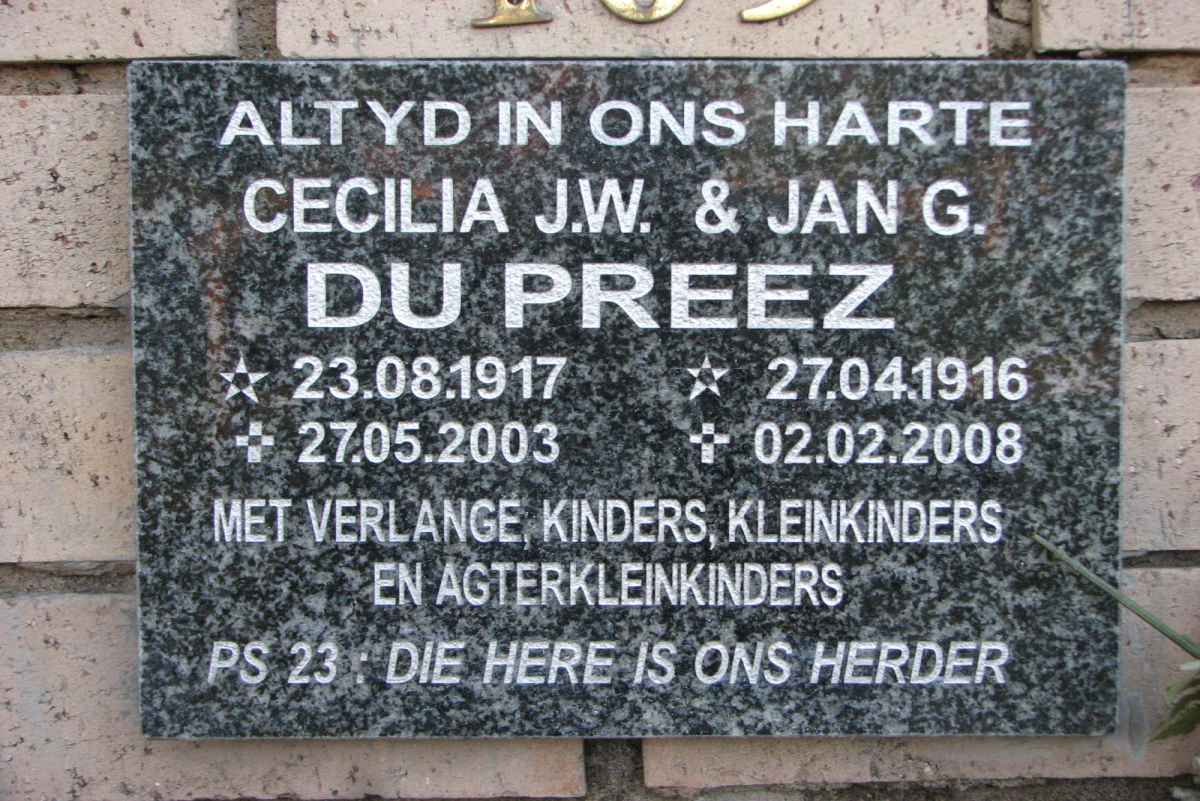 PREEZ Jan G., du 1916-2008 &amp; Cecilia J.W. 1917-2003