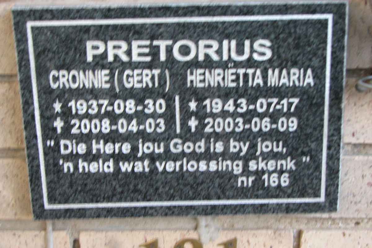 PRETORIUS Cronnie 1937-2008 &amp; Henriëtta Maria 1943-2003