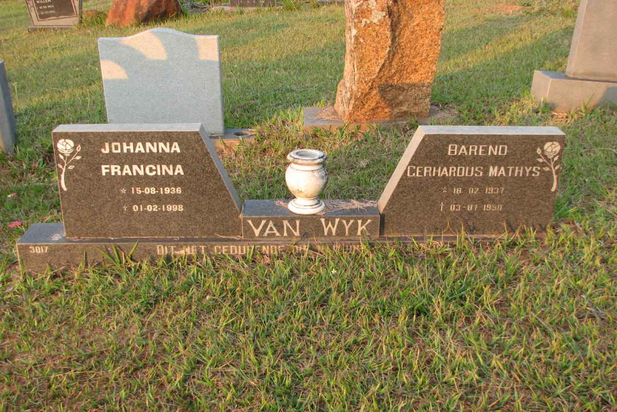 WYK Barend Gerhardus Mathys, van 1937-1990 &amp; Johanna Francina 1936-1998