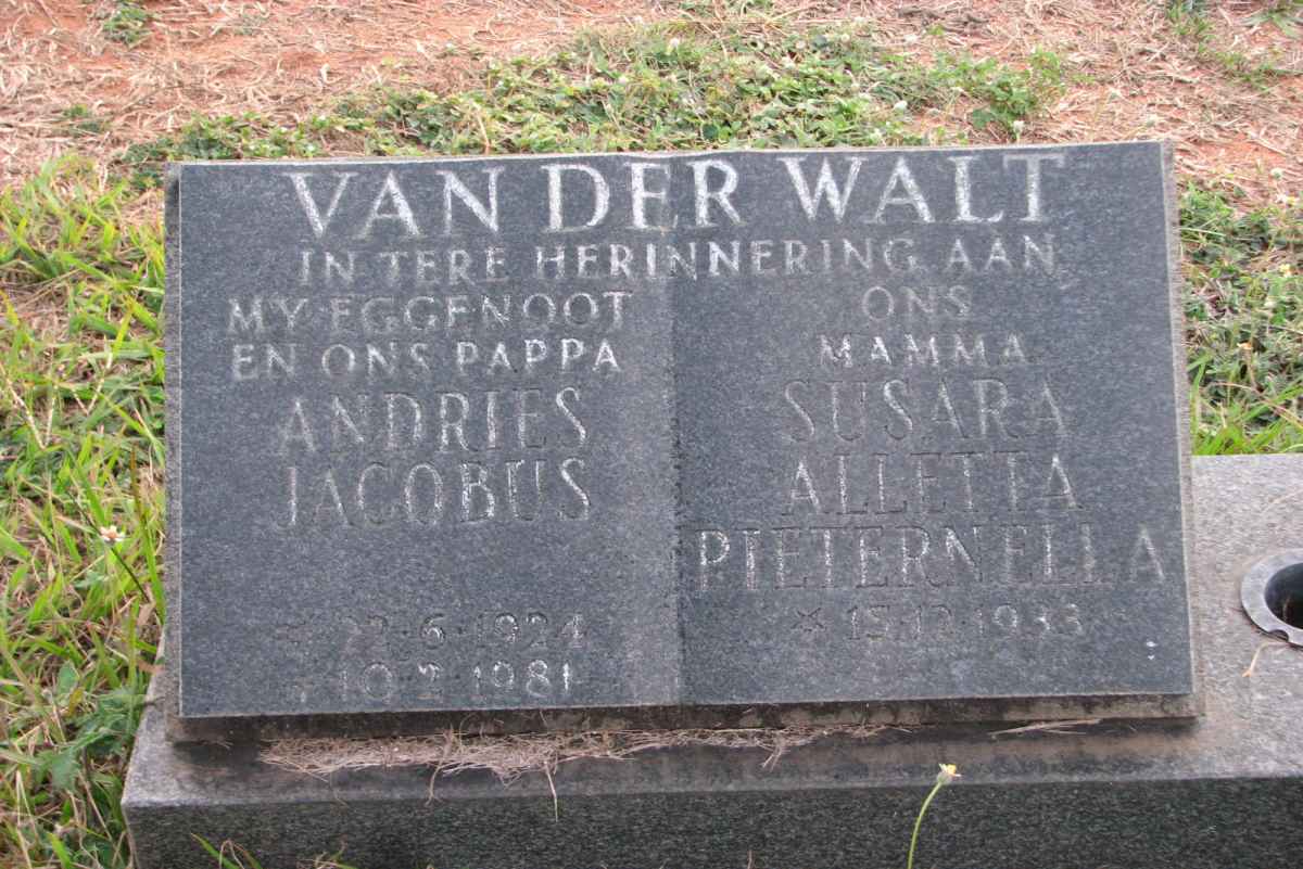 WALT Andries Jacobus, van der 1924-1981 &amp; Susara Alletta Pieternella 1933-
