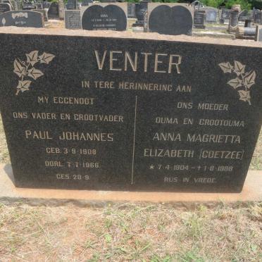 VENTER Paul Johannes 1908-1966 &amp; Anna Magrietta Elizabeth COETZEE 1904-1988