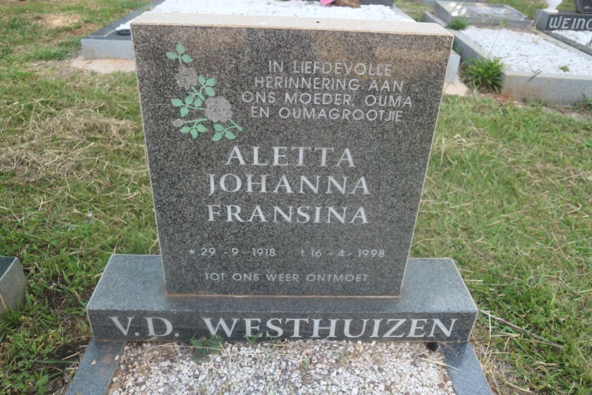 WESTHUIZEN Aletta Johanna Fransina, v.d. 1918-1998