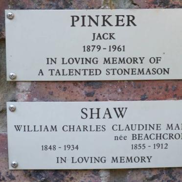 PINKER Jack 1879-1961 :: SHAW William Charles 1848-1934 &amp; Claudine Mary BEACHCROFT 1855-1912