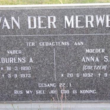 MERWE Lourens A., van der 1890-1973 &amp; Anna S. COETZER 1892-1942