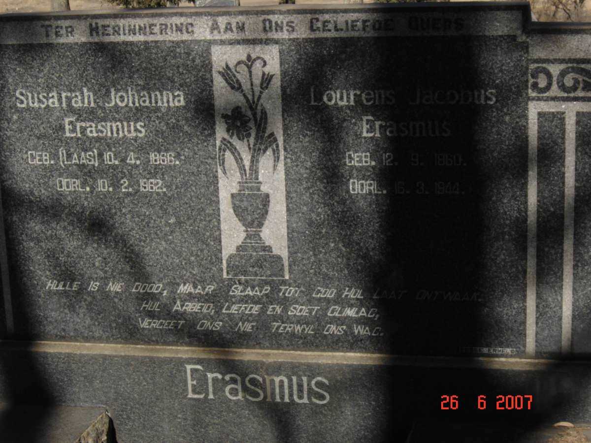 ERASMUS Lourens Jacobus 1860-1944 &amp; Susarah Johanna LAAS 1866-1962
