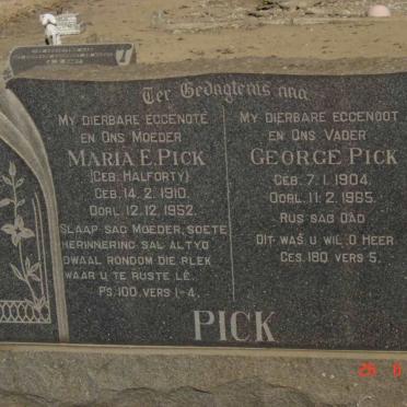 PICK George 1904-1965 &amp; Maria E. HALFORTY 1910-1952