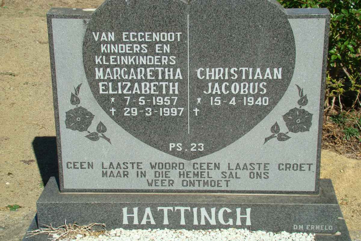 HATTINGH Christiaan Jacobus 1940-  &amp; Margaretha Elizabeth 1957-1997
