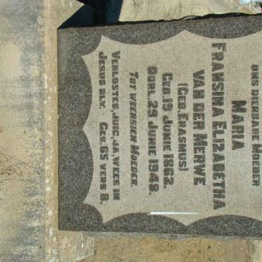 MERWE Maria Fransina Elizabeth, van der nee ERASMUS 1862-1948