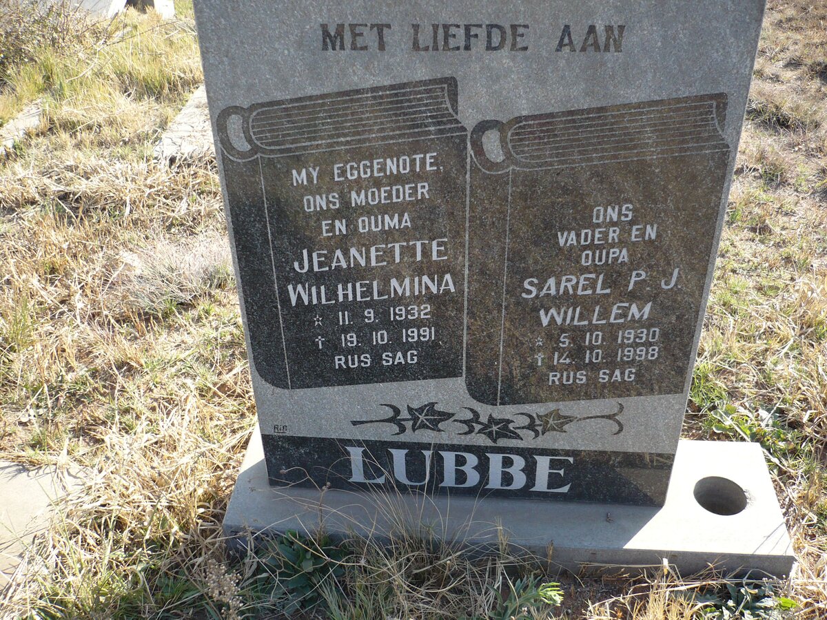 LUBBE Sarel P.J. Willem 1930-1998 &amp; Jeanette Wilhelmina 1932-1991