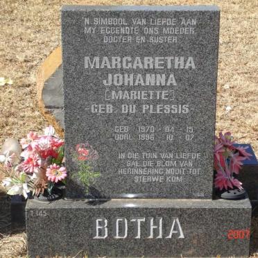 BOTHA Margaretha Johanna nee DU PLESSIS 1970-1996