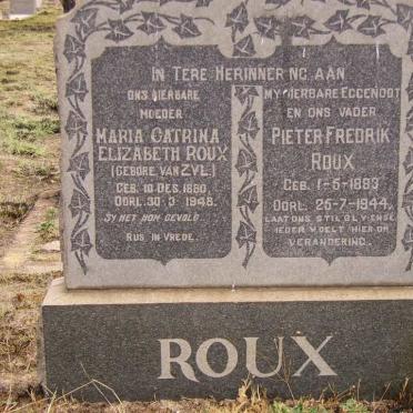 ROUX Pieter Fredrik 1883-1944 &amp; Maria Catrina Elizabeth VAN ZYL 1880-1948