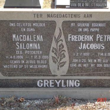 GREYLING Frederik Petrus Jacobus 1897-1979 &amp; Magdalena Salomina POTGIETER 1906-1995