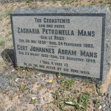 MANS Gert Johannes Abram 1855-1944 &amp; Zacharia Petronella LE ROUX 1858-1905