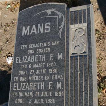 MANS Elizabeth F.M. nee HUMAN 1894-1986 :: MANS Elizabeth F.M. 1920-1980