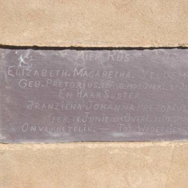 PRETORIUS Franziena Johanna 1899-1909 :: VELDSMAN Elizabeth Magaretha nee PRETORIUS 1907-1935