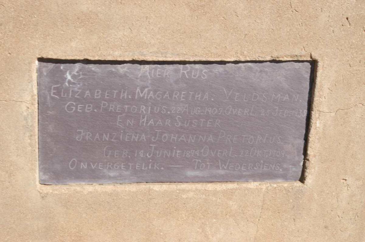 PRETORIUS Franziena Johanna 1899-1909 :: VELDSMAN Elizabeth Magaretha nee PRETORIUS 1907-1935