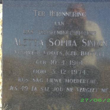 SINDEN Aletta Sophia previously LOOTS nee BEETGE 1901-1974