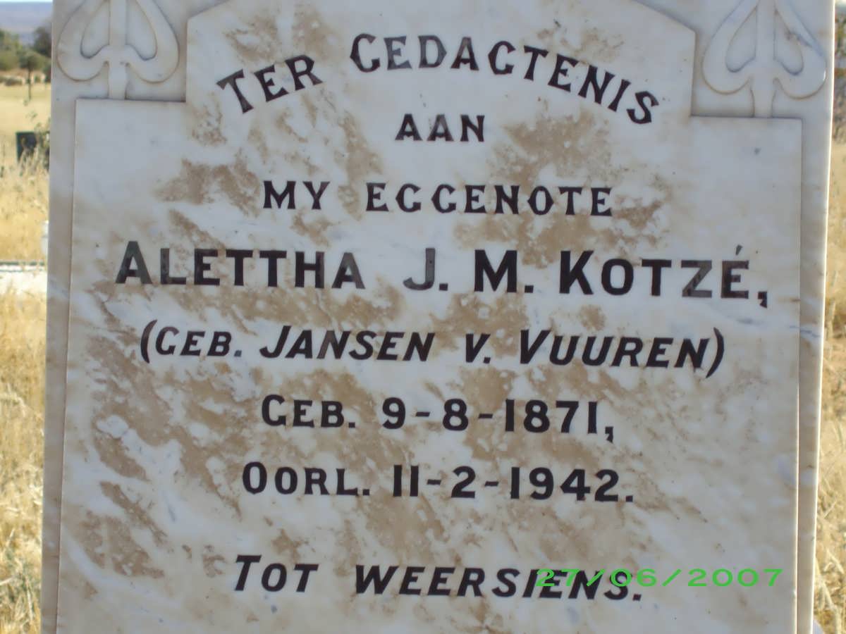 KOTZE Alettha J.M. nee JANSEN V. VUUREN 1871-1942