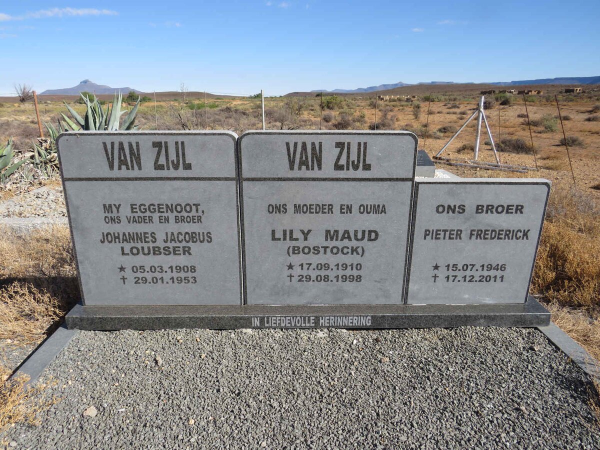 ZIJL Johannes Jacobus Loubser, van 1908-1953 & Lily Maud BOSTOCK 1910-1998 :: VAN ZIJL Pieter Frederick 1946-2011