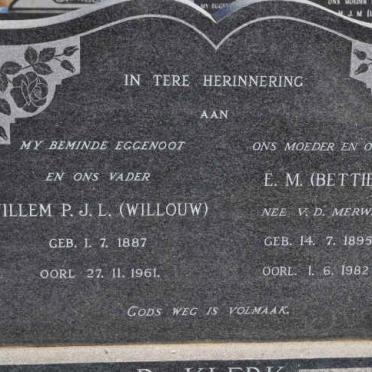 KLERK Willem P.J.L., de 1887-1961 &amp; E.M. V.D. MERWE 1895-1982