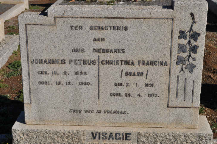 VISAGIE Johannes Petrus 1882-1960 &amp; Christina Francina BRAND 1891-1972