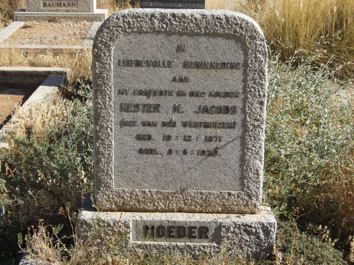 JACOBS Hester M. nee VAN DER WESTHUIZEN 1871-193?