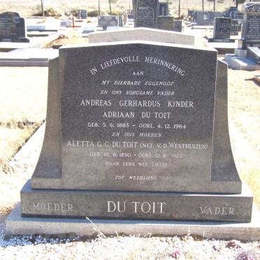 TOIT Andreas Gerhardus Kinder, du 1883-1964 &amp; Aletta G.G. V.D. WESTHUIZEN 1890-1967