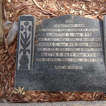 WYK Albertus A., van 1862-1941 &amp; Hendrika C. MARITZ 1858-1922 :: RILEY Aletta F. nee VAN WYK 1885-1918