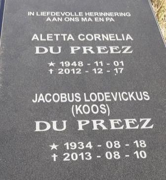 PREEZ Jacobus Lodevickus, du 1934-2013 &amp; Aletta Cornelia 1948-2012